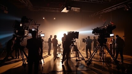 Behind the shooting video production and film crew team. Silhouette of people in studio setting camera and lighting for shooting online video. Film production concept.