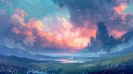 A vast mountain landscape bathes in the radiant colors of sunset, with a dynamic sky reflecting over a peaceful lake and wildflower meadows, Digital art style, illustration painting.