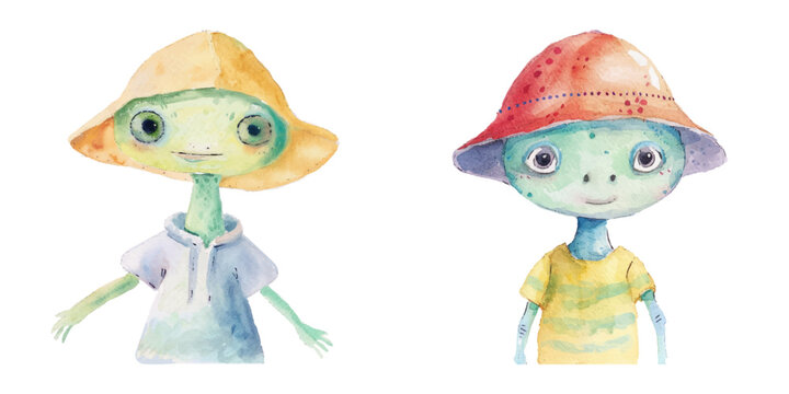 alien wearing bucket hat watercolor vector illustration