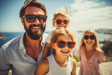 Happy family moment on a tropical beach. Serene summer holiday escape.