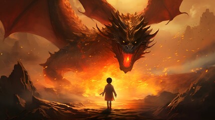 In an apocalyptic scene, a lone child faces an enormous dragon, embodying an epic clash between innocence and primal fury, Digital art style, illustration painting.