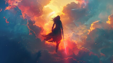 A fierce warrior woman stands with her sword against a backdrop of a sunlit, fiery cloud-scape that evokes a celestial inferno, Digital art style, illustration painting.
