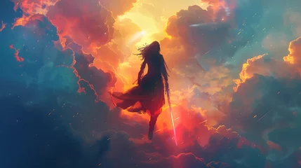 Fotobehang A fierce warrior woman stands with her sword against a backdrop of a sunlit, fiery cloud-scape that evokes a celestial inferno, Digital art style, illustration painting. © Sak