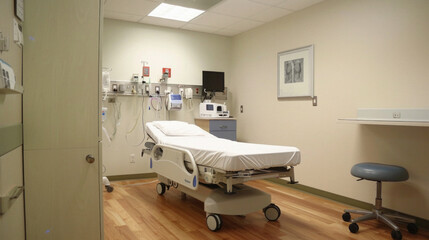 A hospital room with a bed and a chair