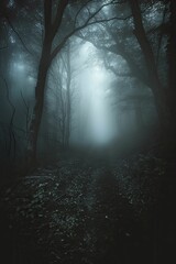 The mysterious scene captured in the eerie glow of a foggy forest at night hints at a possible alien encounter. - obrazy, fototapety, plakaty