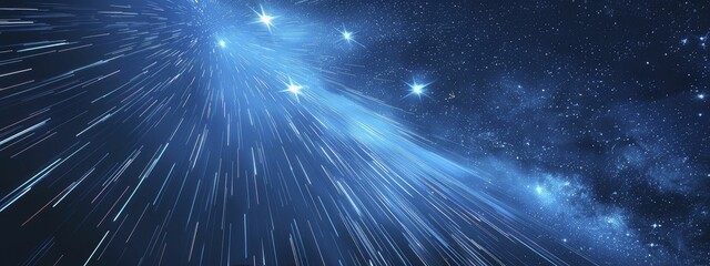 A captivating image reveals an enigmatic aerial presence with vivid streaks of light set against a deep blue night sky.