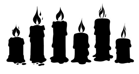 Vector set of black silhouette wax candles with lights. Religion and faith. Monochrome collection cliparts of parafin candles isolated from white background for condolence letters and invitations