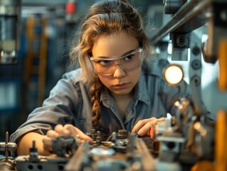 A young woman wearing safety goggles and a blue shirt is working on a machine. She is focused and determined