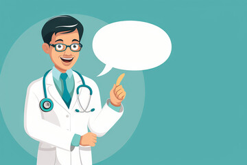 vector illustration of Doctor pointing to a Speech Bubble on Teal Background