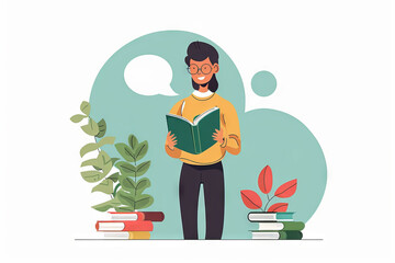 vector of Male Student or teacher Reading Book with Speech Bubbles and Plants on Light Green Background