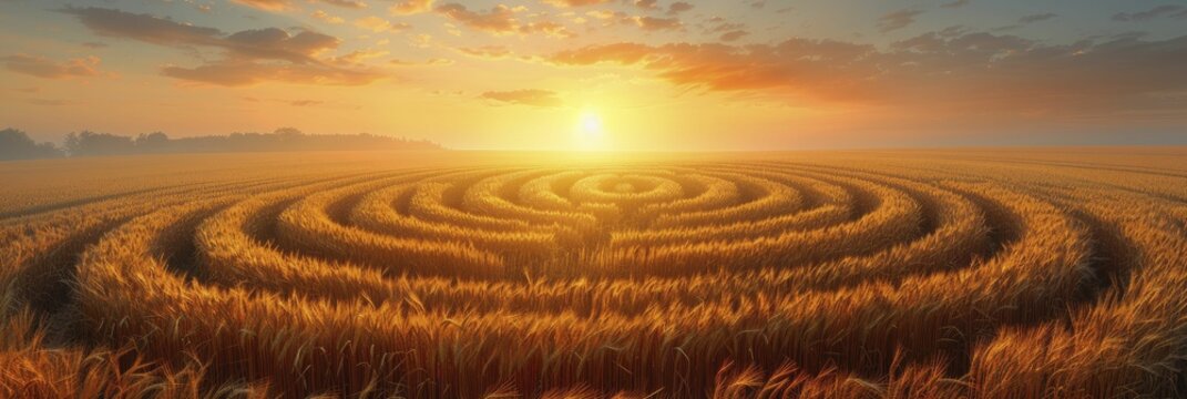 Illustration of intricate crop circles in a wheat field, aerial view at sunrise, golden light enhancing the mysterious patterns.
