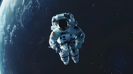 Astronaut at spacewalk. Cosmic art, science fiction wallpaper. The beauty of deep space. Billions of galaxies in the universe.  - obrazy, fototapety, plakaty