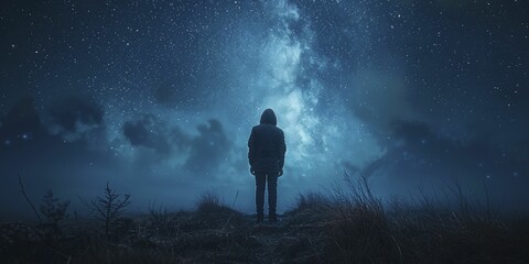 Captivated by the cosmos, a solitary figure gazes at the stars, yearning for an otherworldly encounter beneath the dark night sky.