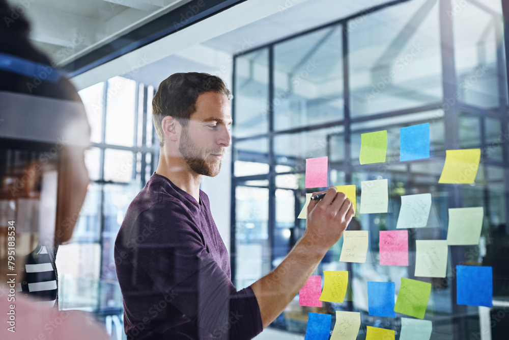 Poster Business people, planning and writing on sticky note for ideas, solution and scrum or agile of creative project. Public relations leader with training, presentation or teamwork for workflow on glass