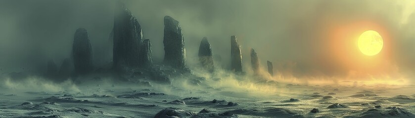 Reconstructed scene of an ancient alien visit, stonehenge like structures, mystical atmosphere, early morning fog.