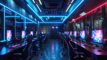 A computer room with neon lights and a lot of computer monitors