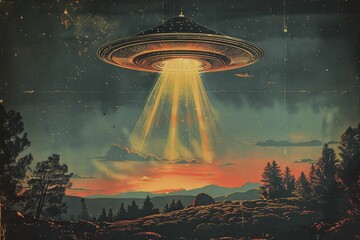 Retro poster of an iconic UFO sighting event, stylized like a 1950s movie advertisement, bold fonts, dramatic depiction - obrazy, fototapety, plakaty
