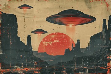 Step back in time with a captivating retro portrayal of a legendary UFO encounter, evoking the essence of a classic 1950s film promo! - obrazy, fototapety, plakaty