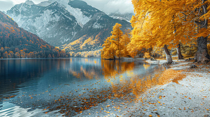 Yellow autumn trees on the shore of lake. Alps mountain