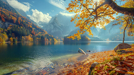 Yellow autumn trees on the shore of lake in Alps 