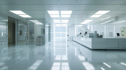 A large, empty office space with white walls and floors