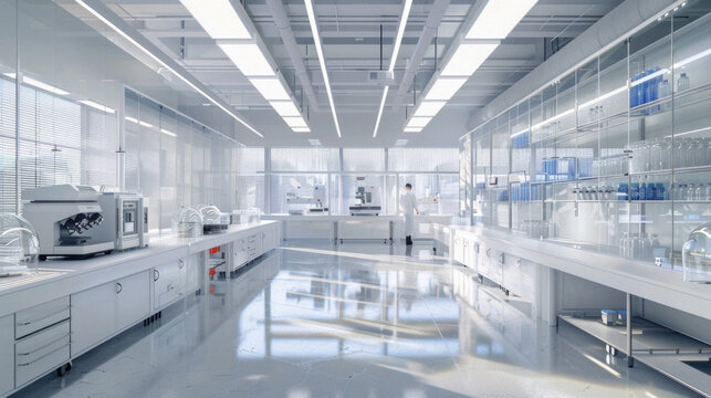 A large, clean, and sterile laboratory with a lot of glassware and equipment