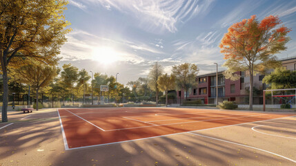 A basketball court with a bench and a few trees in the background