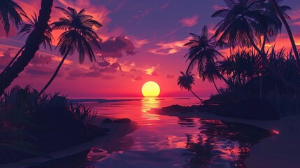 Tropical sunset with palm trees. Landscape with beach and sky