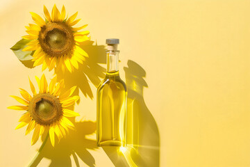 Creative floral concept. Sunny big sunshine yellow sunflower sunflowers with leaf leaves with glass bottle of olive oil. Mock up presentation. copy text space. top view, flat lay	