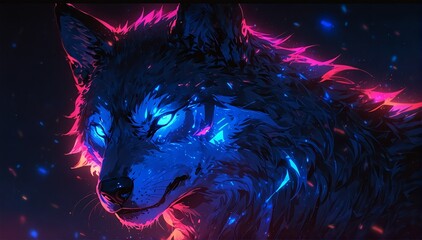 portrait of blue holographic glowing neon wolf on dark background from Generative AI