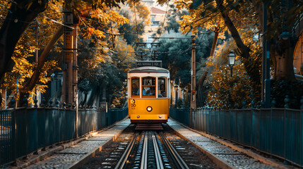 Yellow funicul on the railway in Lisbon Portugal.  - obrazy, fototapety, plakaty