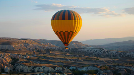 Yellow hot air balloon over the mountains in Cappadocia