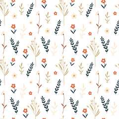 Seamless pattern with delicate flowers in doodle style. Handmade fabric, gift packaging.	