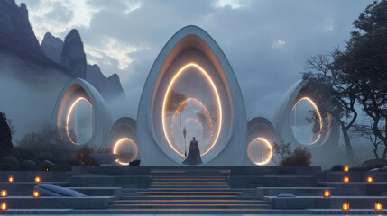 A futuristic building with a large dome and a person sitting inside