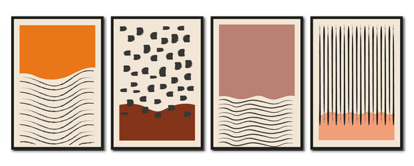 Flat posters. Minimalist illustrations with geometric shapes and pastel tones. Vintage style. Design for wall decoration, card, poster or brochure..