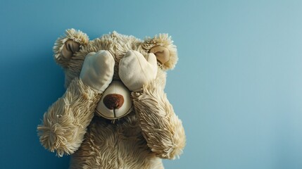 Teddy bear covering his eyes on solid color background. Child abuse concept, copy space.