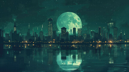 A city skyline is reflected in the water, with a large full moon in the sky