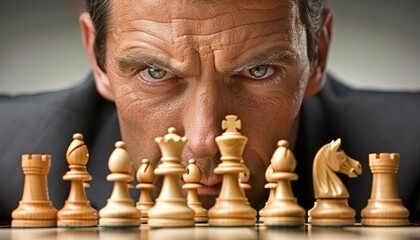 Business executive contemplating strategy with chess pieces on board, showing thoughtful expression