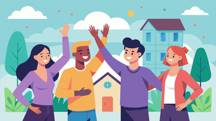 A group of friends highfiving each other after successfully tackling a household chore chart at a neighborhood Chore Completion Bash party.
