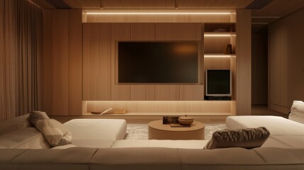 Elegant and warm minimalist entertainment room with modern wooden design and ambient lighting