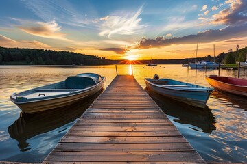 Lakeside Dock at Sunset, With Boats Bobbing Gently on The Water and The Sky Ablaze With Golden Hues, Generative AI - obrazy, fototapety, plakaty