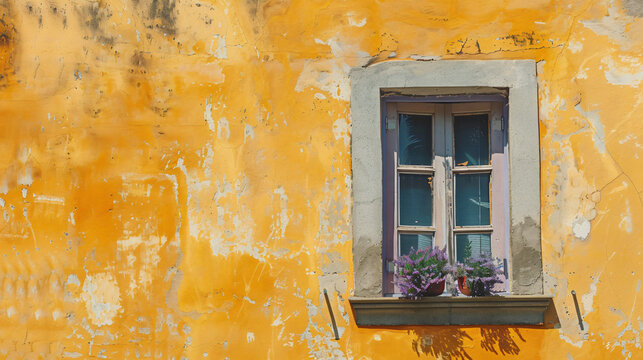 Yellow painted façade of the house and window 