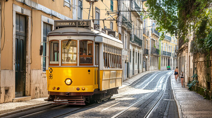 Naklejka premium Yellow vintage tram on the street in Lisbon Portugal.