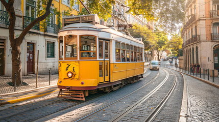 Yellow vintage tram on the street in Lisbon Portugal.