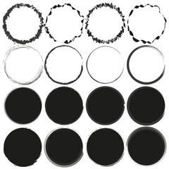 Grungy circle frames collection. Hand-drawn borders set. Ink round shapes. Brush strokes rings. Vector illustration. EPS 10.