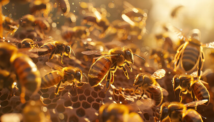 A group of bees are gathered around a honeycomb