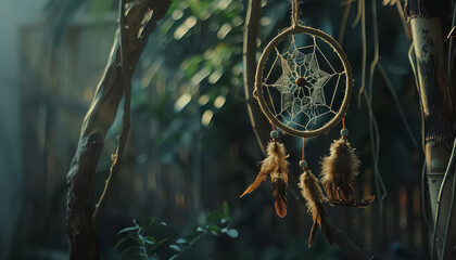 A dream catcher hangs from a tree branch