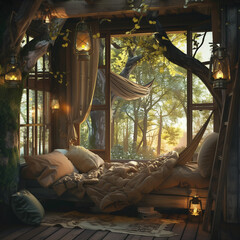 Adventurous Treehouse Bedroom: Lanterns on Branches with Hammock