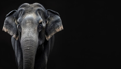 A close up of an elephant's face on black background