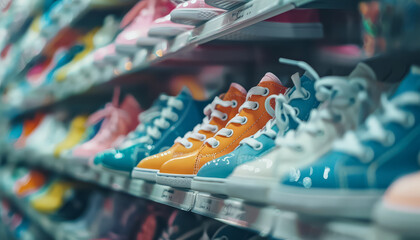 A rack of colorful sneakers with a rainbow of colors